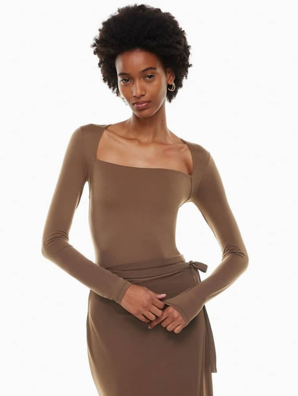 Wilfred Aritzia Nobu Bodysuit Brown Square Neck Long Sleeve XS